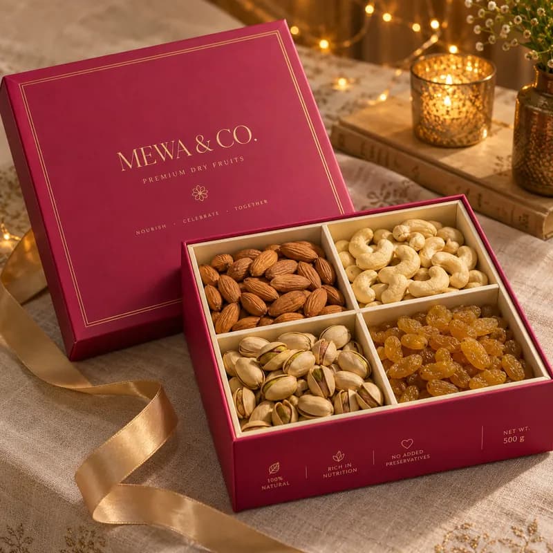 A MEWA & CO. dry fruit gift box of almonds, cashews, pistachios and raisins