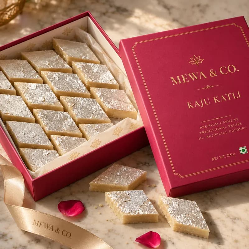 An open MEWA & CO. box of kaju katli with silver vark
