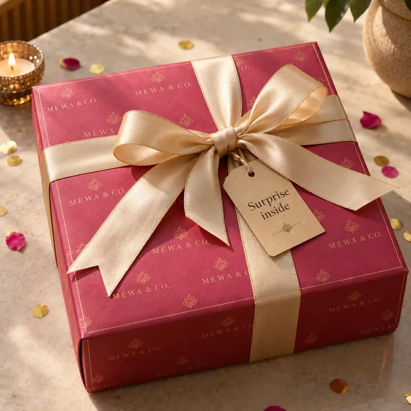 A MEWA & CO. gift box tied with a satin ribbon and a Surprise inside tag