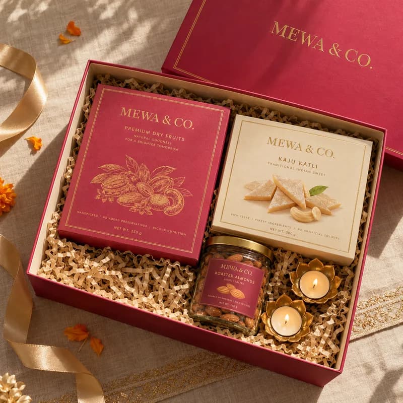 An open MEWA & CO. Diwali hamper with dry fruits, kaju katli, almonds and diyas