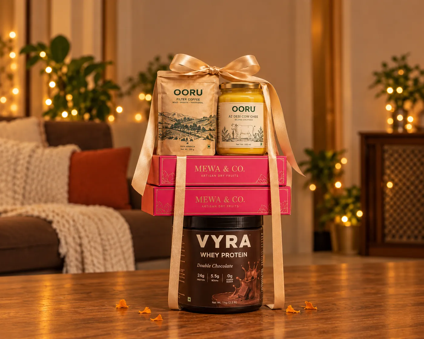 A stack of VYRA, OORU and MEWA & CO. products tied with a ribbon