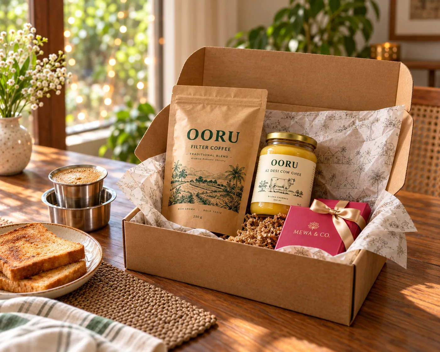 A subscription box of OORU coffee and ghee opened on a breakfast table