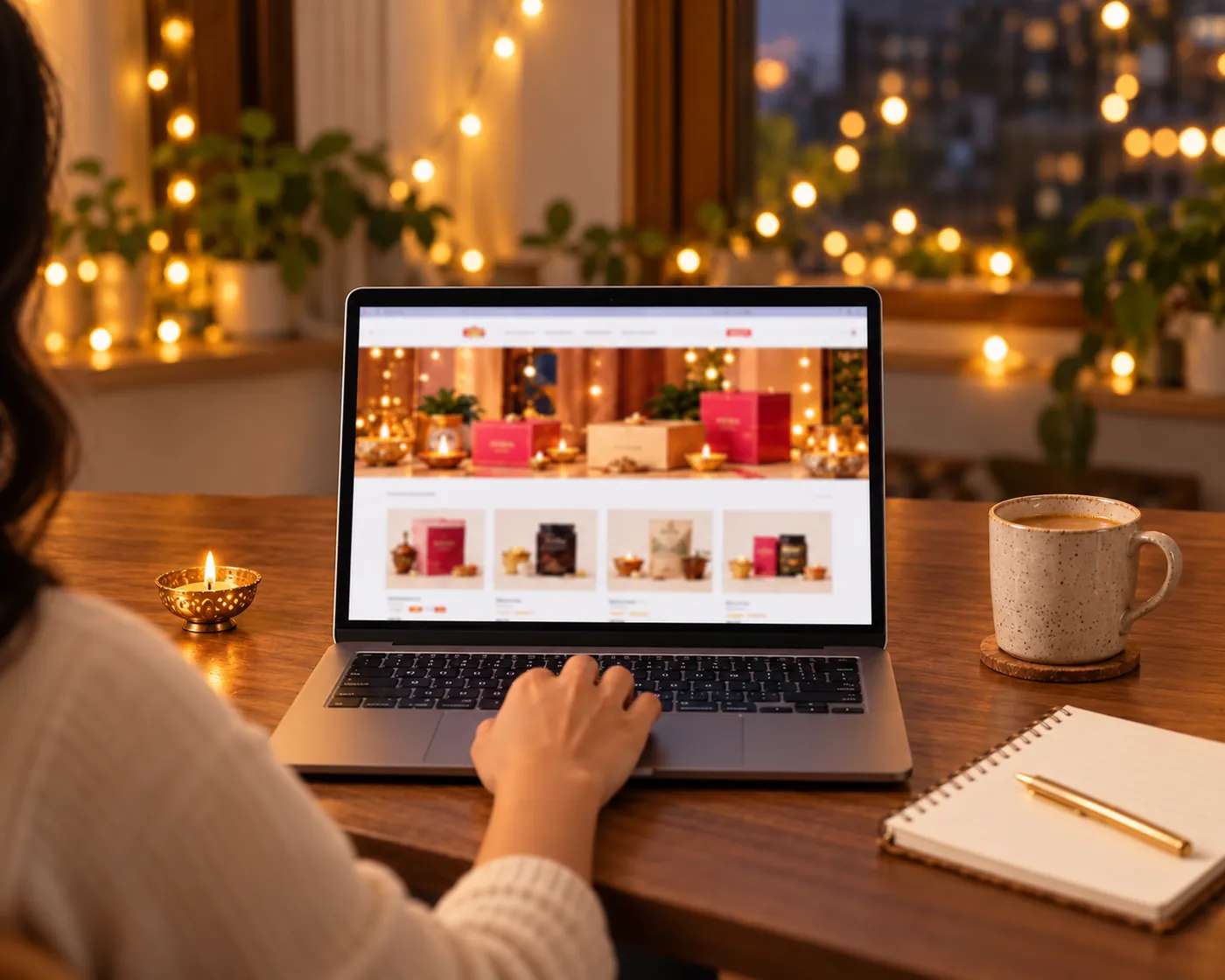 A laptop showing an online store dressed for Diwali