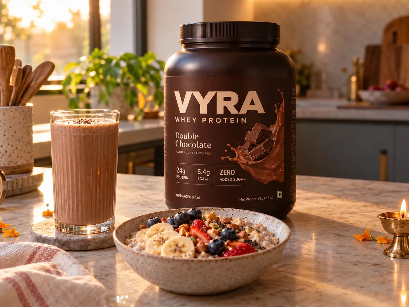 A chocolate protein shake, a VYRA whey tub and a bowl of oats at sunrise